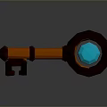 Enchanted Fantasy Key With Orange Handle Brown Ring And Glowing Blue Gemstone