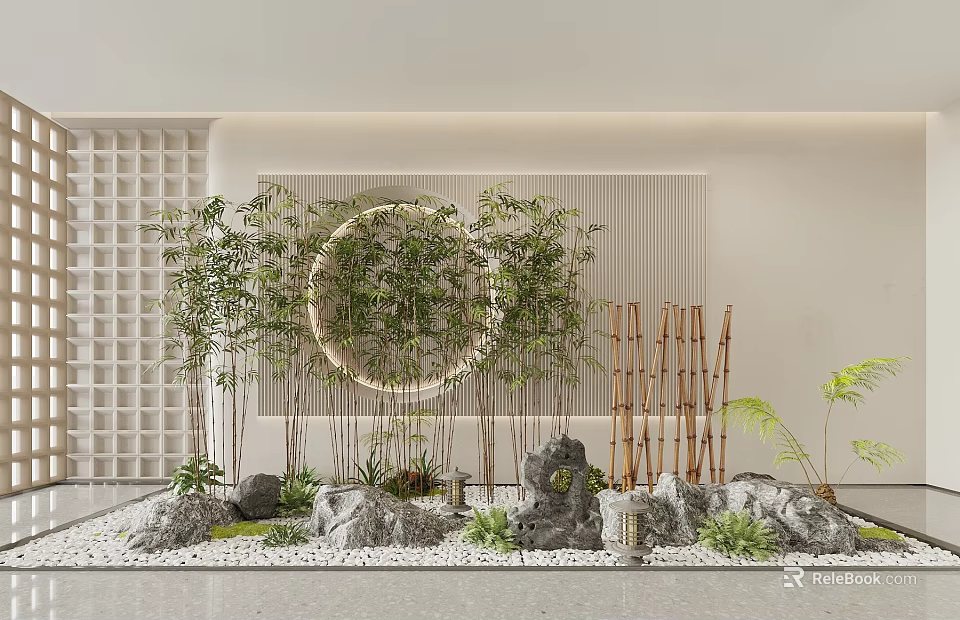 Bamboo Plants In Indoor Landscape With Circular Ring Decorative Rocks And Lattice Wall 3d model 