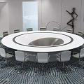 Modern Conference Room With Round Table White Chairs Circular Ceiling Green Plant Sculpture Patterned Carpet