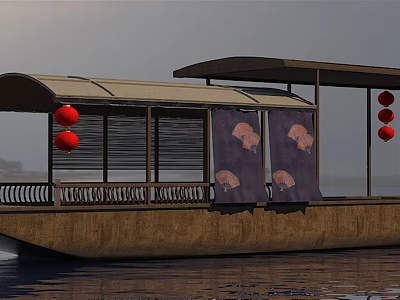 Traditional Wooden Boat with Canopy Red Lanterns and Purple Curtains with Traditional Patterns on Water 3d model