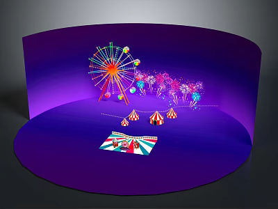 Vibrant Ferris Wheel Scene With Fireworks Small Tents And Ticket On Purple Background 3d model