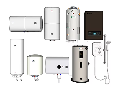 Various Types of Household Water Heaters in White Silver and Black Colors with Digital 3d model