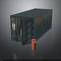 Blue Shipping Container With Open Door And Red Barrels Showing Rust Stains
