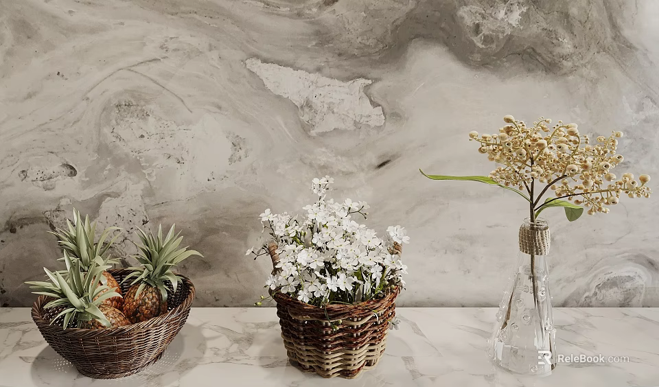 Stylish Home Decor With Wicker Baskets Pineapples White Flowers And Glass Vase 3d model 