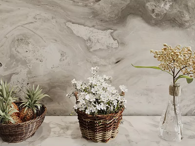 Stylish Home Decor With Wicker Baskets Pineapples White Flowers And Glass Vase 3d model