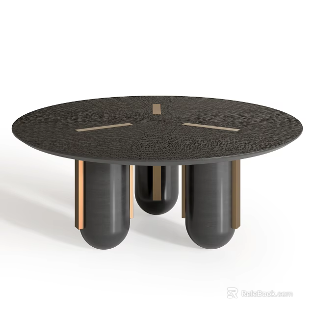 Modern Round Dining Table With Textured Black Surface And Metal Legs Design 3d model 