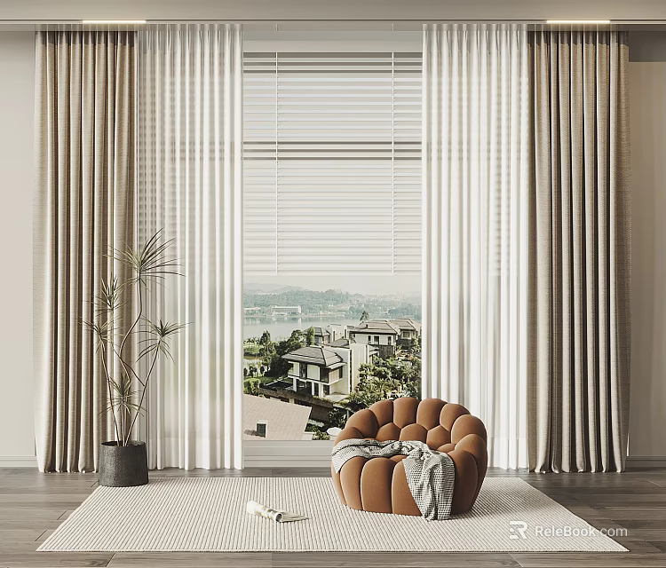 Cozy Single Sofa In Living Room With Curtains Window Blinds Scenic View And Rug 3d model 