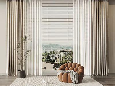 Cozy Single Sofa In Living Room With Curtains Window Blinds Scenic View And Rug 3d model