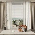 Cozy Single Sofa In Living Room With Curtains Window Blinds Scenic View And Rug
