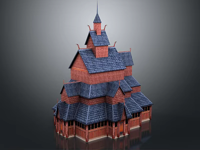 Traditional Red Brick Building With Multi layered Blue Roofs Spire And Arched Windows 3d model