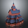 Traditional Red Brick Building With Multi layered Blue Roofs Spire And Arched Windows