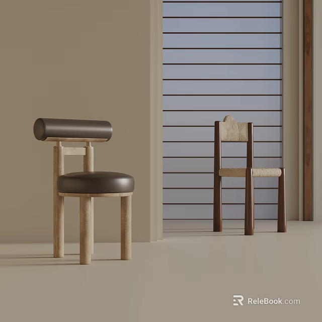 Minimalist Dining Chairs With Wooden Frame Black Cushion And Woven Seat In Light Room 3d model 