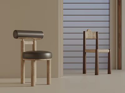 Minimalist Dining Chairs With Wooden Frame Black Cushion And Woven Seat In Light Room 3d model