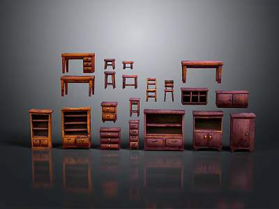 Assorted Dark Brown Wooden Furniture With Tables Chairs Cabinets And Bookshelves On Gray Background 3d model