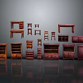 Assorted Dark Brown Wooden Furniture With Tables Chairs Cabinets And Bookshelves On Gray Background