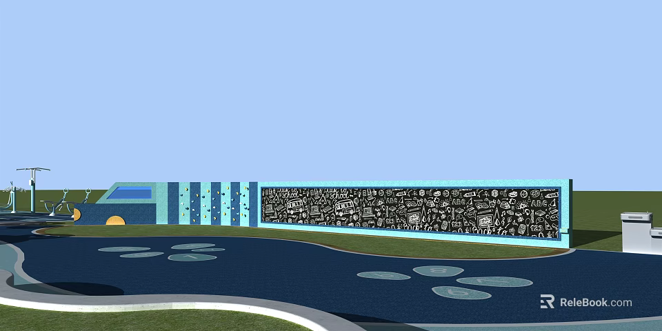 Blue Feature Wall With Black Pattern Design By Water Pool And Lawn 3d model