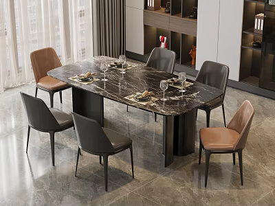 Rectangular Dining Table Set With Marble Top Six Light Brown Dark Gray Leather Chairs 3d model