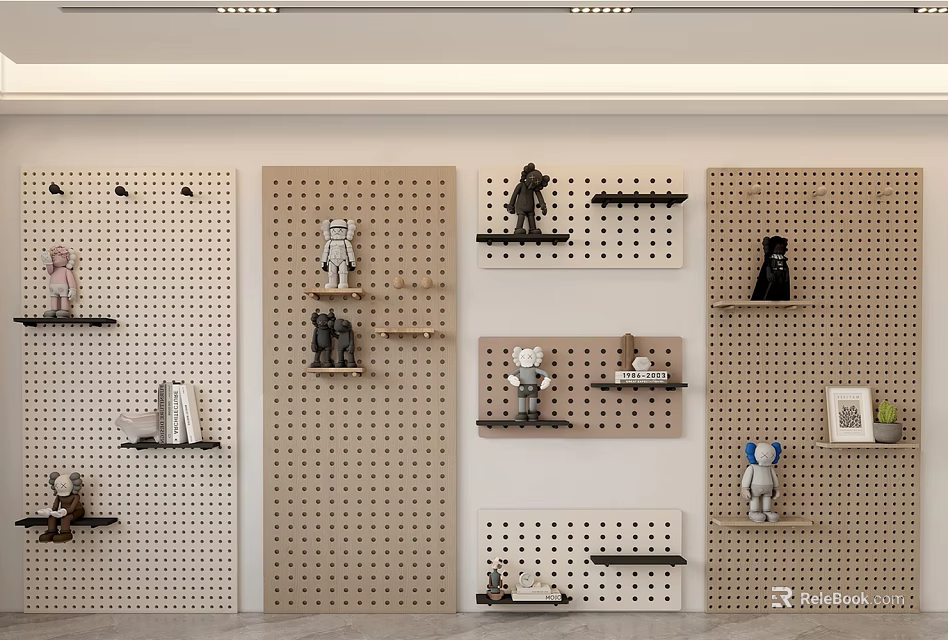 Wall Decor With Perforated Wooden Panels And Small Shelves Holding Decorative Dolls Ornaments And Photo Frames 3d model 