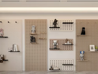 Wall Decor With Perforated Wooden Panels And Small Shelves Holding Decorative Dolls Ornaments And Photo Frames 3d model