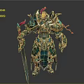 Game And Movie Character In Green And Gold Armor Holding Long Sword With Red Ribbons