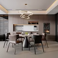 Elegant Modern Restaurant Interior With Dining Table Chairs Hanging Chandelier And Dark Cabinets