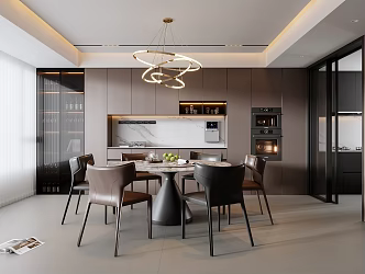 Modern Italian Restaurant Dining Table and Chair Combination Leather Dining Chair Round Table Sideboard Wine Cabinet Round Chandelier Dreamy Curtain Kitchen Sliding Door Electrical Cabinet 3d model