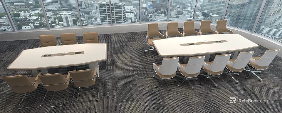 Modern Conference Table in Office Meeting Room with Chairs and City View Through Windows 3d model 