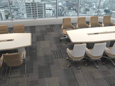Modern Conference Table in Office Meeting Room with Chairs and City View Through Windows 3d model