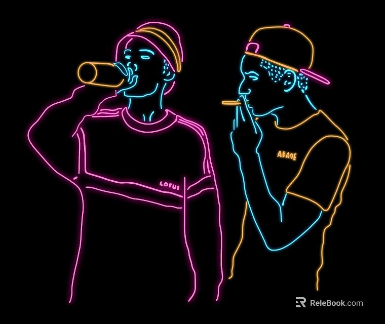 Neon Decorative Lighting Illuminating Two Stylish Figures on Black Background 3d model 