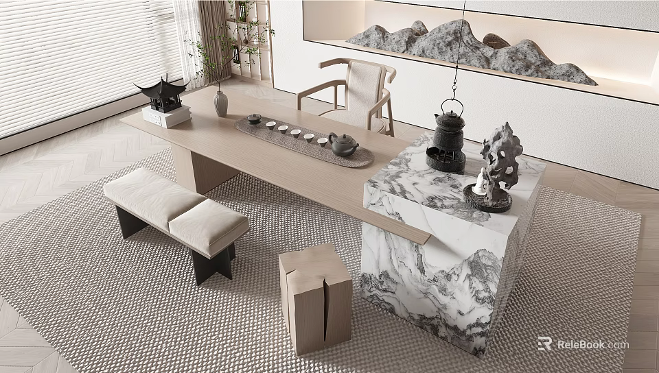 Modern Tea Table and Chairs with Marble Top and Tea Set Decorative Items 3d model