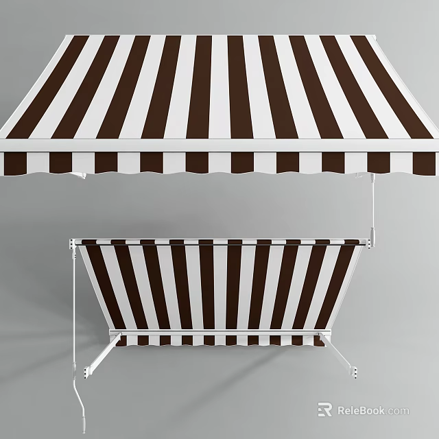 Brown and White Striped Awning Top and Side View With White Frame Structure 3d model 