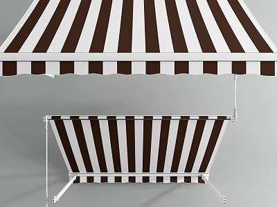 Brown and White Striped Awning Top and Side View With White Frame Structure 3d model
