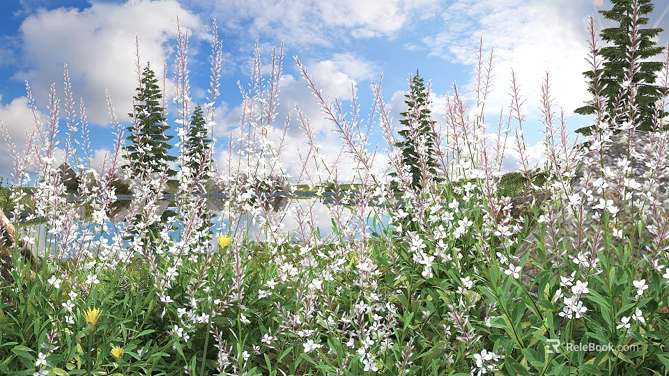 Colorful Flowers And Lush Plants By Lake Under Blue Sky With White Clouds 3d model 