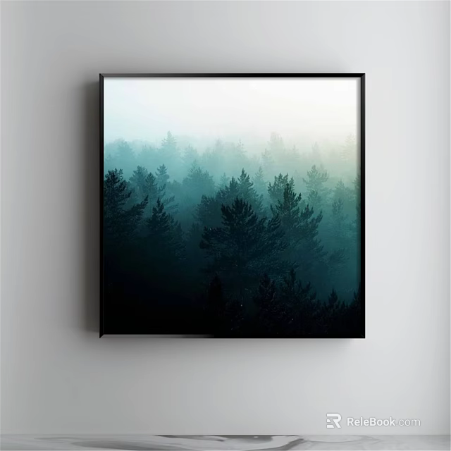 Misty Forest Landscape Painting Framed on White Wall with Pine Trees and Hazy Atmosphere 3d model 