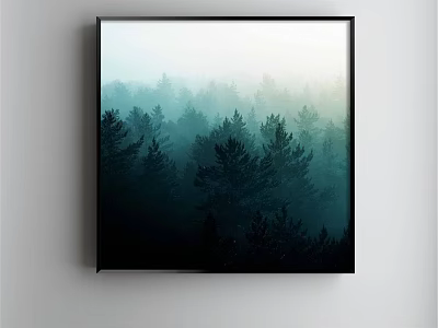 Misty Forest Landscape Painting Framed on White Wall with Pine Trees and Hazy Atmosphere 3d model