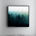 Misty Forest Landscape Painting Framed on White Wall with Pine Trees and Hazy Atmosphere