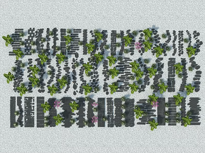 Black Stepping Stones Arranged on Gray Ground With Green Plants and Pink Flowers 3d model