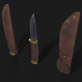 Vintage Tactical Knife with Wooden Handle Metal Blade and Brown Leather Sheath Featuring Metal Rivets