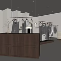 Modern Clothing Store Interior With Hanging Dresses Shirts Mannequin Display And Wooden Counter