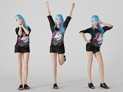 Blue Haired Woman in Black Top and Shorts Posing in Various Styles Against Gray Background 3d model