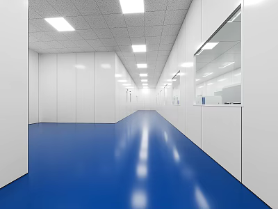 Clean Modern Corridor With Blue Shiny Floor White Walls And Ceiling Lights 3d model