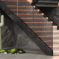 Modern Staircase Design With Dark Stone Steps LED Lighting And Cactus Decor 3d model
