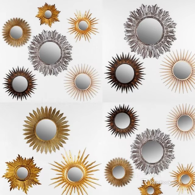 Decorative Sunburst Mirrors With Various Designs And Gold Silver Brown Frames 3d model