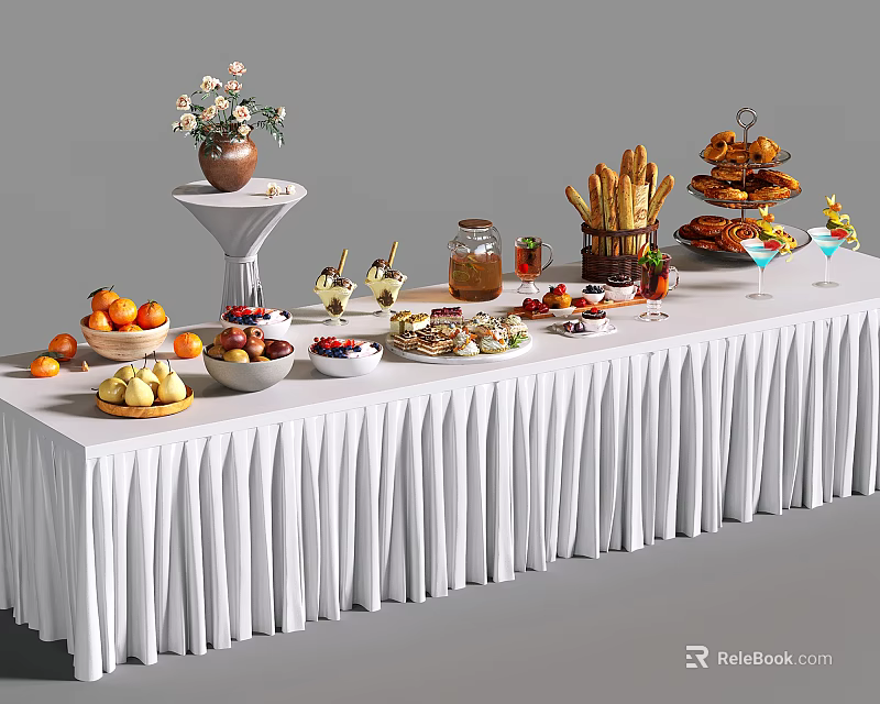 Bar Counter With White Tablecloth And Various Food Items Including Fruits Bread Desserts And Drinks 3d model 