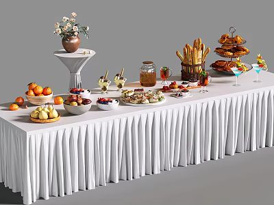 Bar Counter With White Tablecloth And Various Food Items Including Fruits Bread Desserts And Drinks 3d model