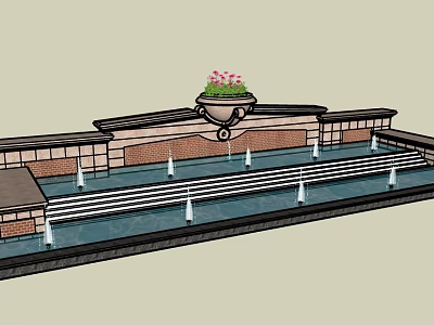 Classic Residential Landscape Design With Multiple Fountains Flower Planter And Brick Wall Structures 3d model