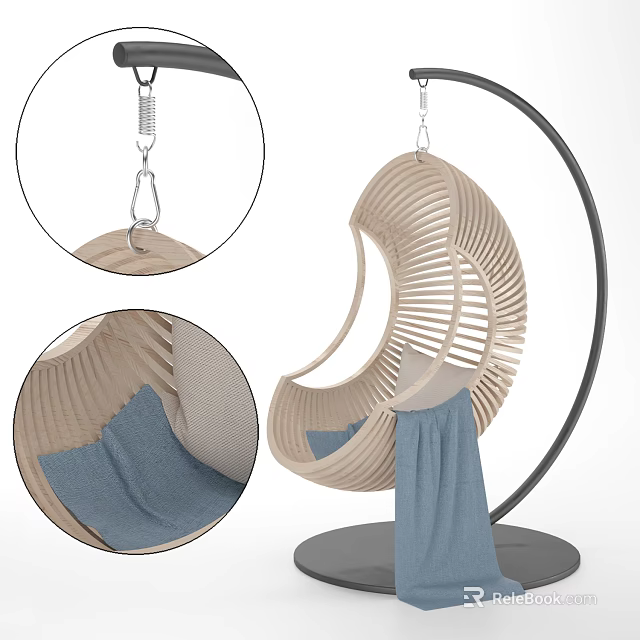 Stylish Hanging Chair with Wooden Slat Design Black Metal Stand and Blue Cushion 3d model 