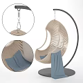 Stylish Hanging Chair with Wooden Slat Design Black Metal Stand and Blue Cushion