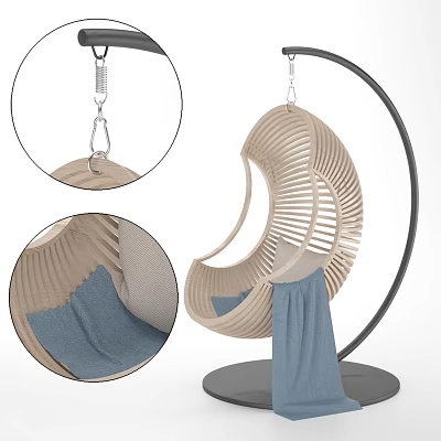 Stylish Hanging Chair with Wooden Slat Design Black Metal Stand and Blue Cushion 3d model
