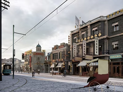 Historic Commercial Street Featuring Tram Horse Drawn Carriage Cobblestone Road And Ancient Style Shops 3d model